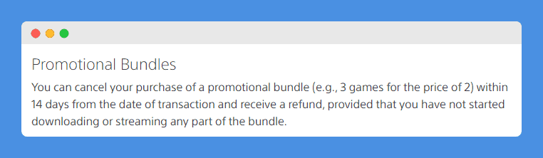 "Promotional Bundles" clause in PlayStation's Return and Refund Policy on white background.