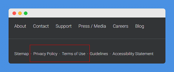 Privacy Policy and Terms of Use link in the footer section