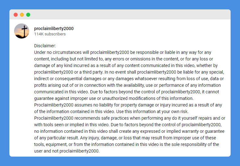 General Liability Disclaimer clause in proclaimliberty2000's Youtube channel on a white background