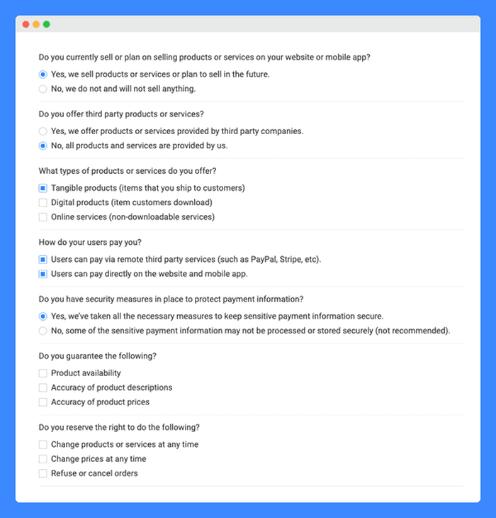 Products and services information questionnaire for drafting the website's terms and conditions on a white background.