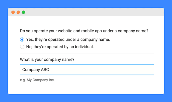 Questionnaire if it is operated under a company name and a textbox for the company name on a white background.