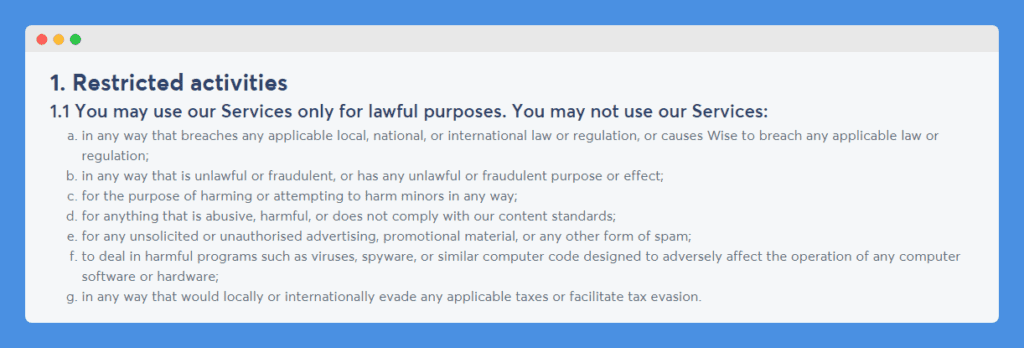 "Restricted Activities" clause in Wise's acceptable use policy section on a gray background