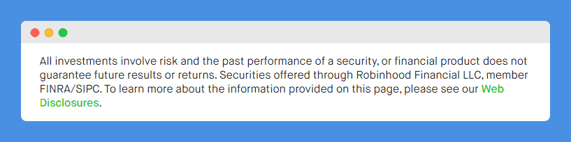 Past Performance Disclaimer clause in Robinhood's website footer on white background