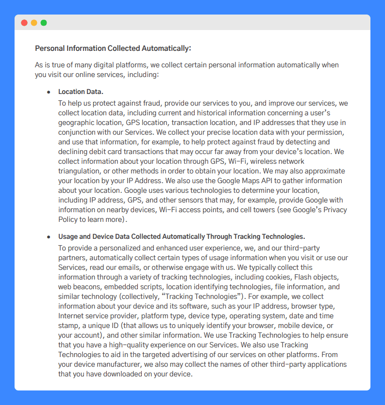 "Personal Information Collected Automatically" clause in Robinhood's Privacy Policy on white background.