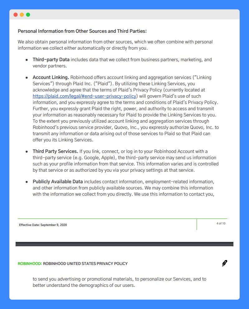 "Personal Information from Other Sources and Third Parties" clause in Robinhood's Privacy Policy on white background.