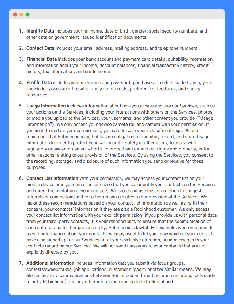 "Personal Information" clause in Robinhood's Privacy Policy on white background.