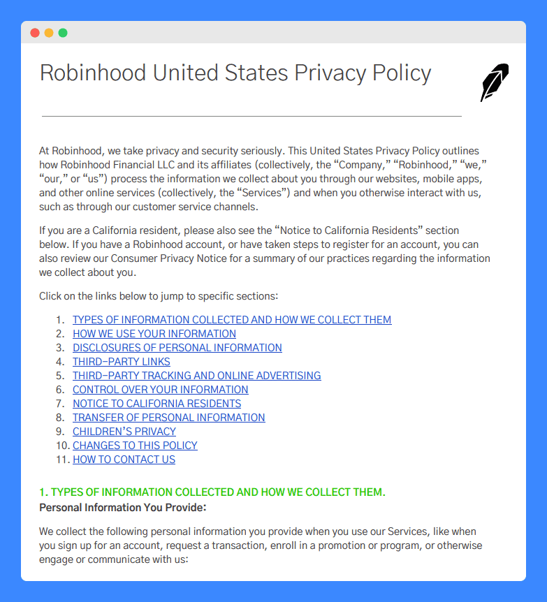 "Robinood United States Privacy Policy" clause in Robinhood's Privacy Policy on white background.