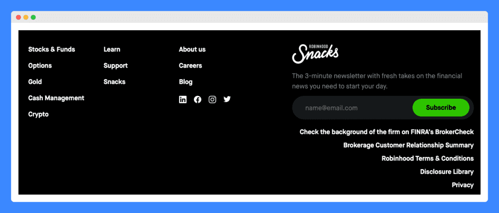 Robinhood's website footer on black background.