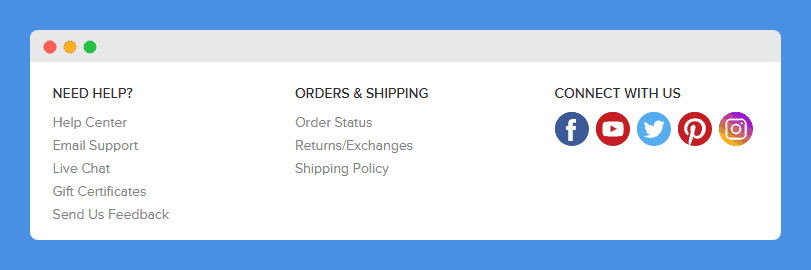 Shipping Policy link in website's footer on a white background