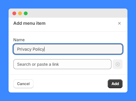 "Privacy Policy" text under Name field and Link textbox in Shopify's Add menu item section on white background