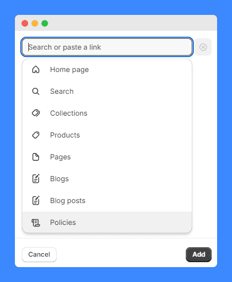 Policies highlighted on Menu options under Link textbox in Shopify's Add menu item on a white background.