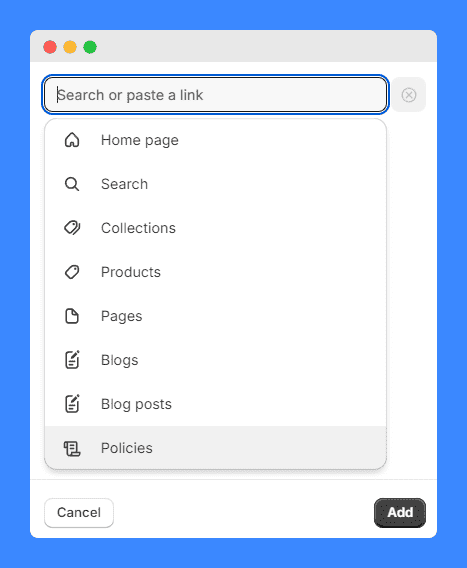 Policies highlighted on Menu options under Link textbox in Shopify's Add menu item on a white background