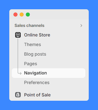 "Navigation" link highlighted under Online Store in Shopify's admin menu on gray background