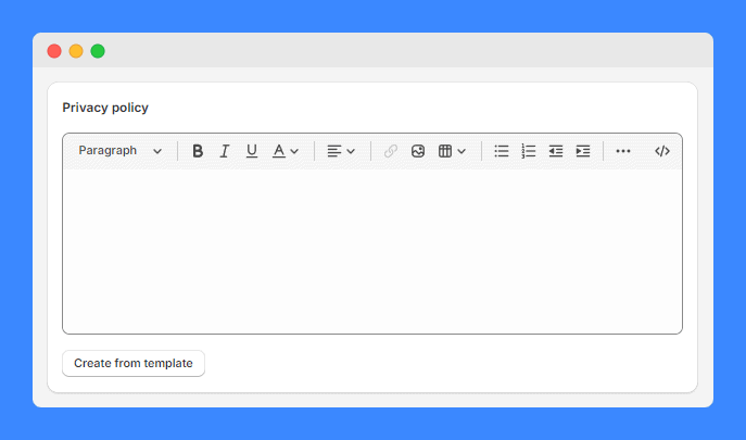 Shopify privacy policy template textbox with formatting icons