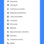 Navigation menu with icons in Shopify Account Admin Settings on a white background