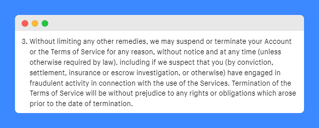 Reserve the right to modify or terminate users' account clause in Shopify's Terms of Service on a white background