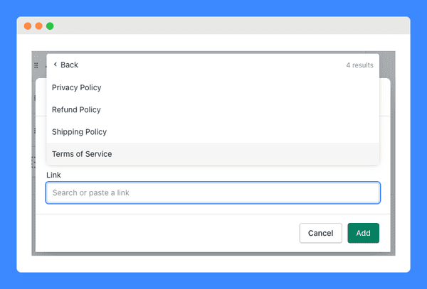 Terms of Service highlighted on Menu options under Link textbox in Shopify's Add menu item on a white background.