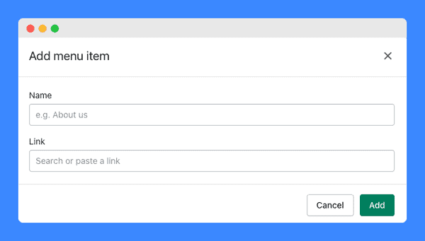 Name and Link textbox in Shopify's Add menu item on a white background.