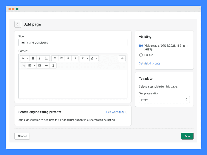 "Terms and Conditions" text under title textbox with Content Formatting tools, visibility options, SEO and template settings in Shopify's Add Page on a white background.