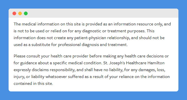 Medical Disclaimer clause in St. Joseph's website on white background