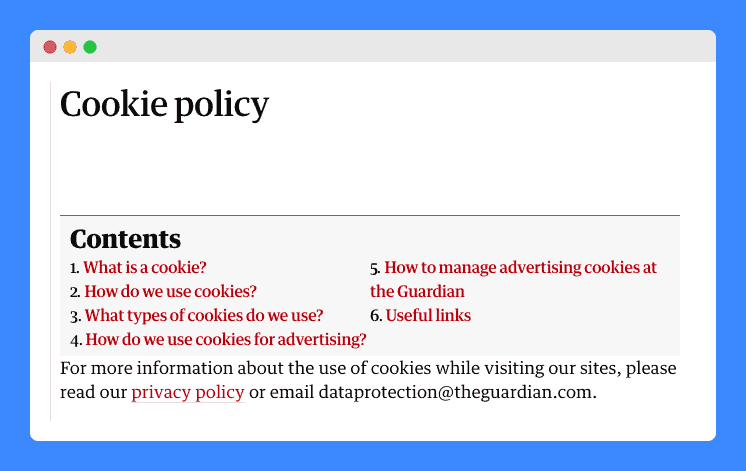 "Cookie Policy" and list of Contents links in The Guardian's website footer on white background