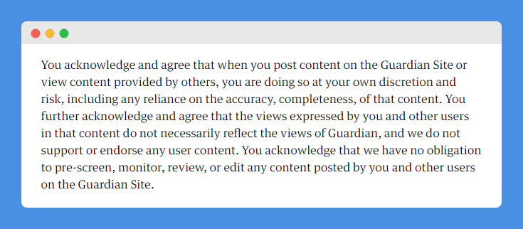 Views Expressed Disclaimer clause in The Guardian's Terms and Conditions on white background