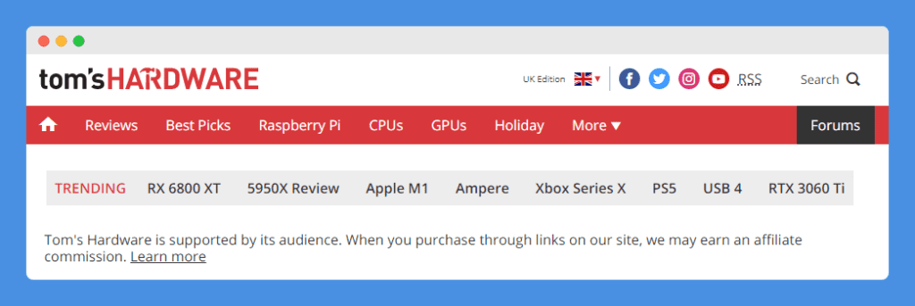 Affiliate disclosure clause under the header links in Tom's Hardware website