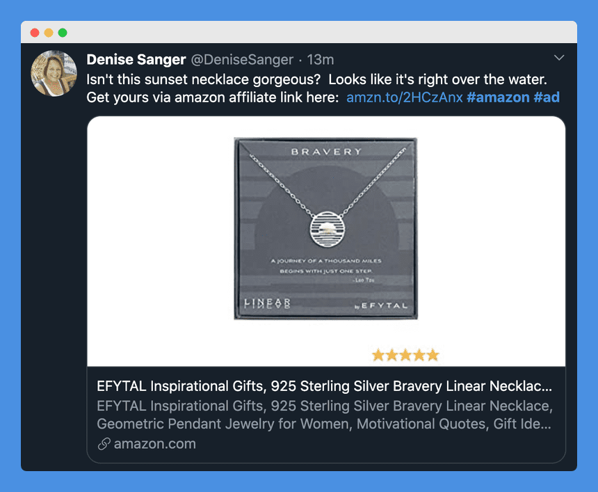 Amazon Affiliate disclosure clause in Denise Sanger Twitter account on a black background.