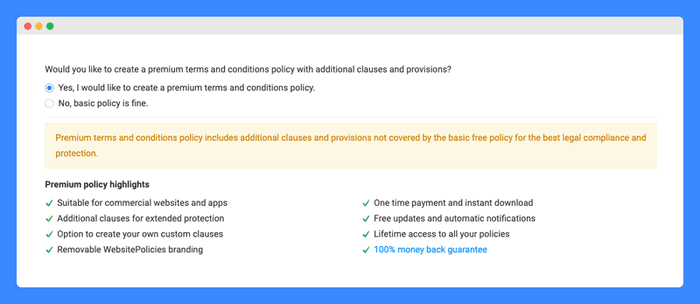 Type of Policy subscription (Basic or Premium) and list of Premium Policy benefits on a white background.