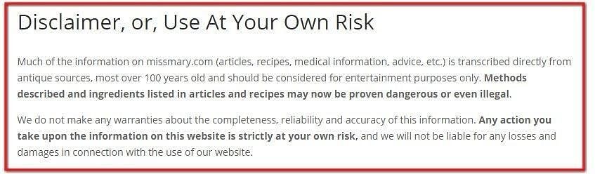 "Use At Your Own Risk" disclaimer sample with red rectangular border.