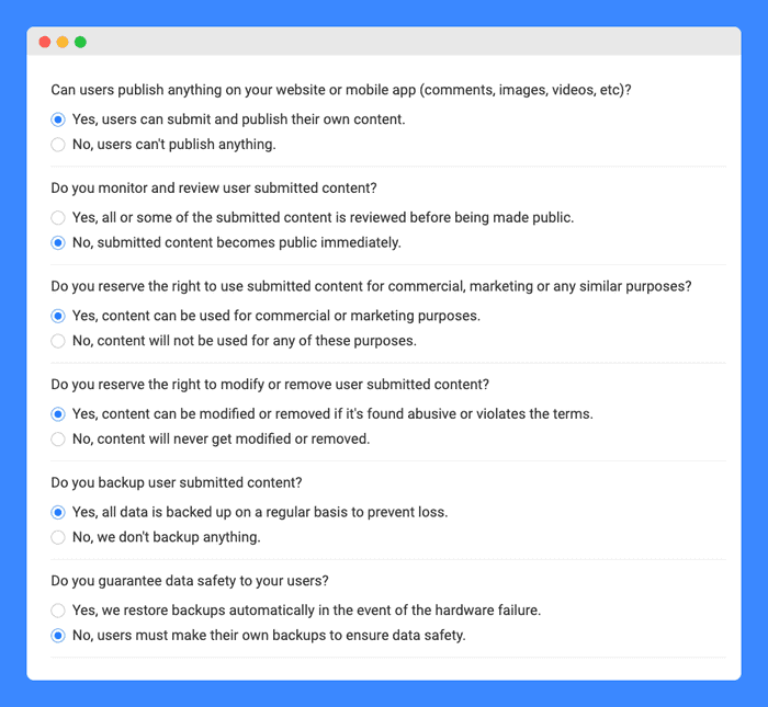User content questionnaire for drafting the website's terms and conditions on a white background.