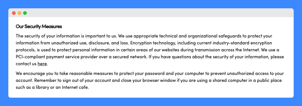 "Our Security Measures" clause in Wayfair Privacy Policy on white background.