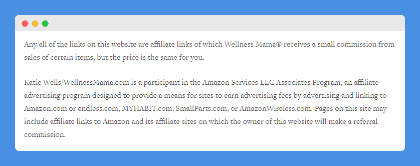 Affiliate Disclosure clause in WellnessMama's Affiliate Disclaimer on white background