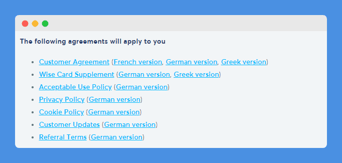 Wise's legal agreements links in bulleted list on a gray background
