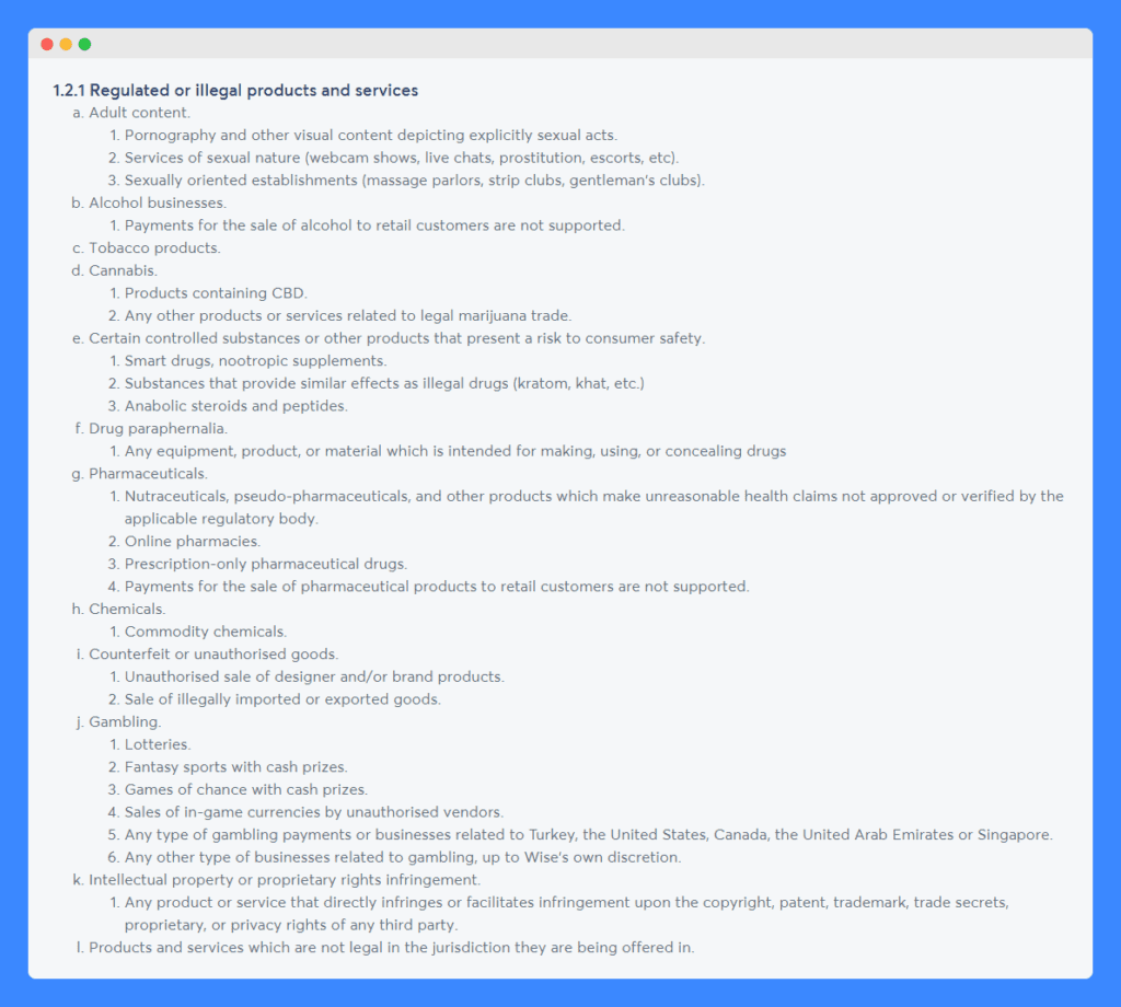 "Regulated or illegal products and services" clause in Wise's acceptable use policy section on a gray background