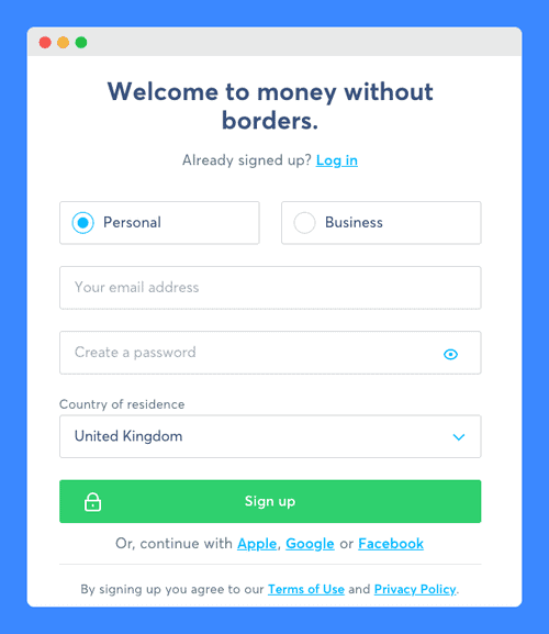 Account sign up page with Terms of Use and Privacy Policy links in Wise's website on a white background