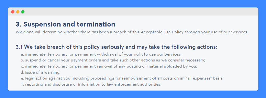 "Suspension and termination" clause in Wise's acceptable use policy section on a gray background