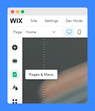 "Menus & Pages" button to add Privacy Policy page in Wix's editor