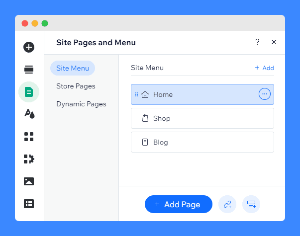 "Add Page" button at the bottom of the Site Menu list in Wix's editor