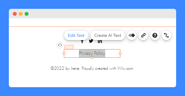 Privacy Policy text highlighted in Wix's Editor