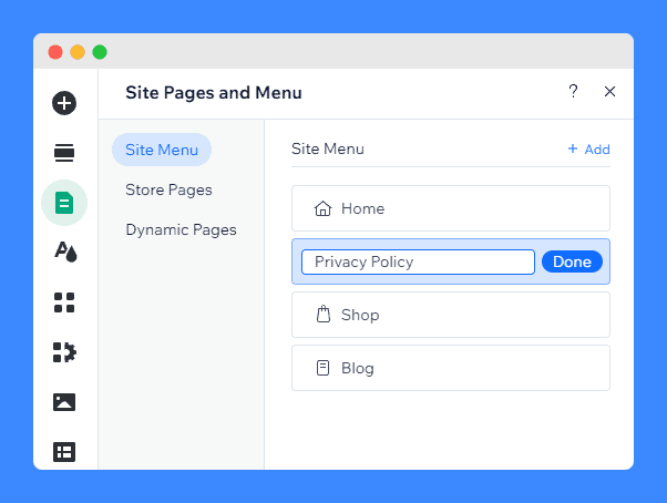 Typed "Privacy Policy" in the textbox under the Home menu in Wix's editor