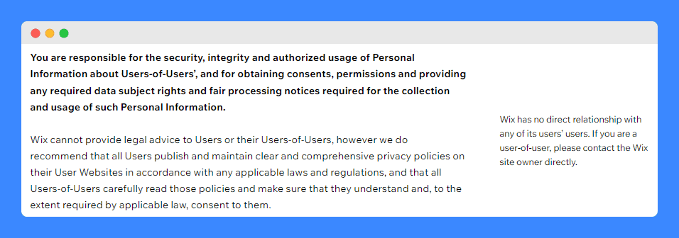 Processing of Users-of-users' 'Personal Information' clause in Wix's Privacy Policy on a white background