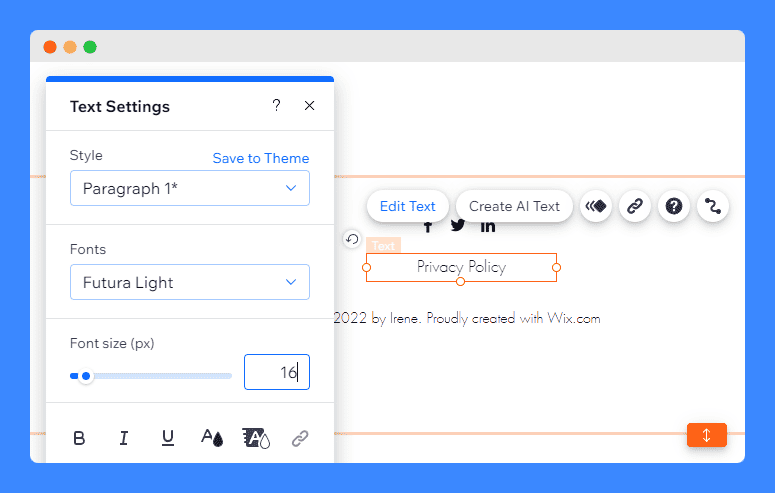 Highlighted "Privacy Policy" to format text using text settings window in Wix's editor