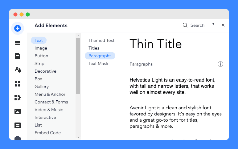 Choose a Themed Text by clicking Text on the side menu under Add (+) icon in Wix's editor side menu