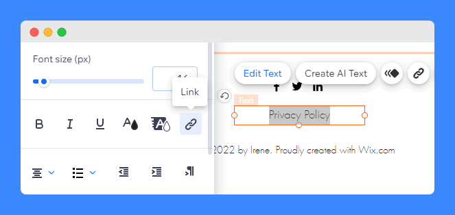 Text Settings window with text formatting tools in Wix's Editor