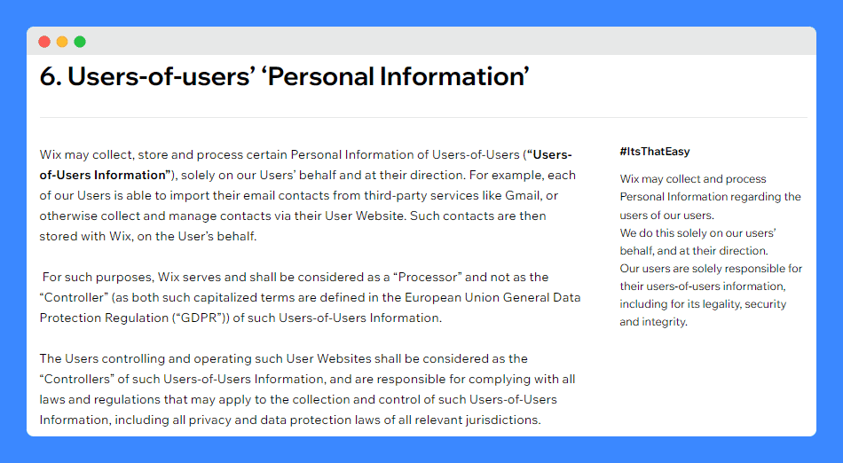 Users-of-users' 'Personal Information' clause in Wix's Privacy Policy on a white background