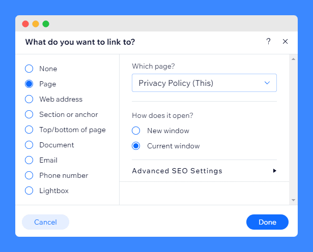 "What do you want to link to?" option buttons in Wix's editor on a white background