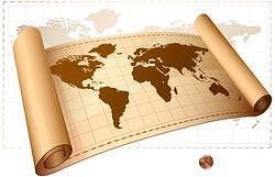 Light brown World Map scroll with dark brown identifying different countries.