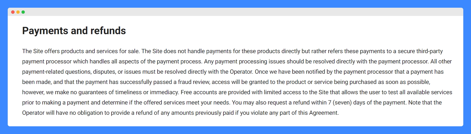 Sample "payments and refunds" clause in terms and conditions