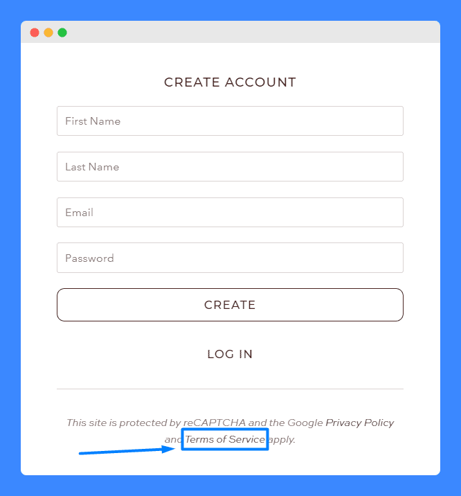 Terms and conditions link on the account creation page